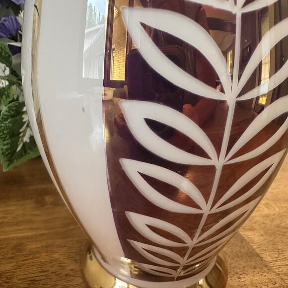 Vintage Plum and White Cased Cut Glass Vase Gold Trim Bohemian Style Leaf Motif - Picture 5 of 5